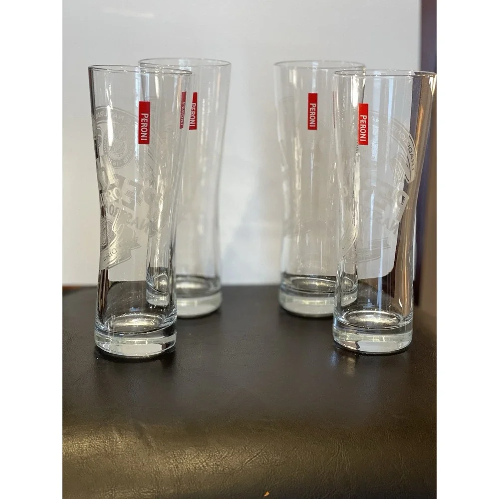 Peroni Nastro Azzurro Beer Glasses Set of 4 Tall Etched Pilsner Red Logo Tags